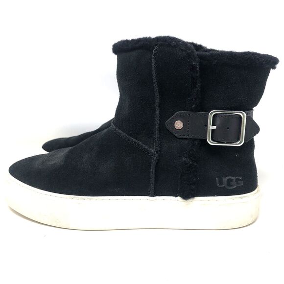 Ugg Aika Ankle Boot Womens Sz 10 Buckle Black Suede Pure Sheep Wool Lining Cozy - Picture 1 of 16